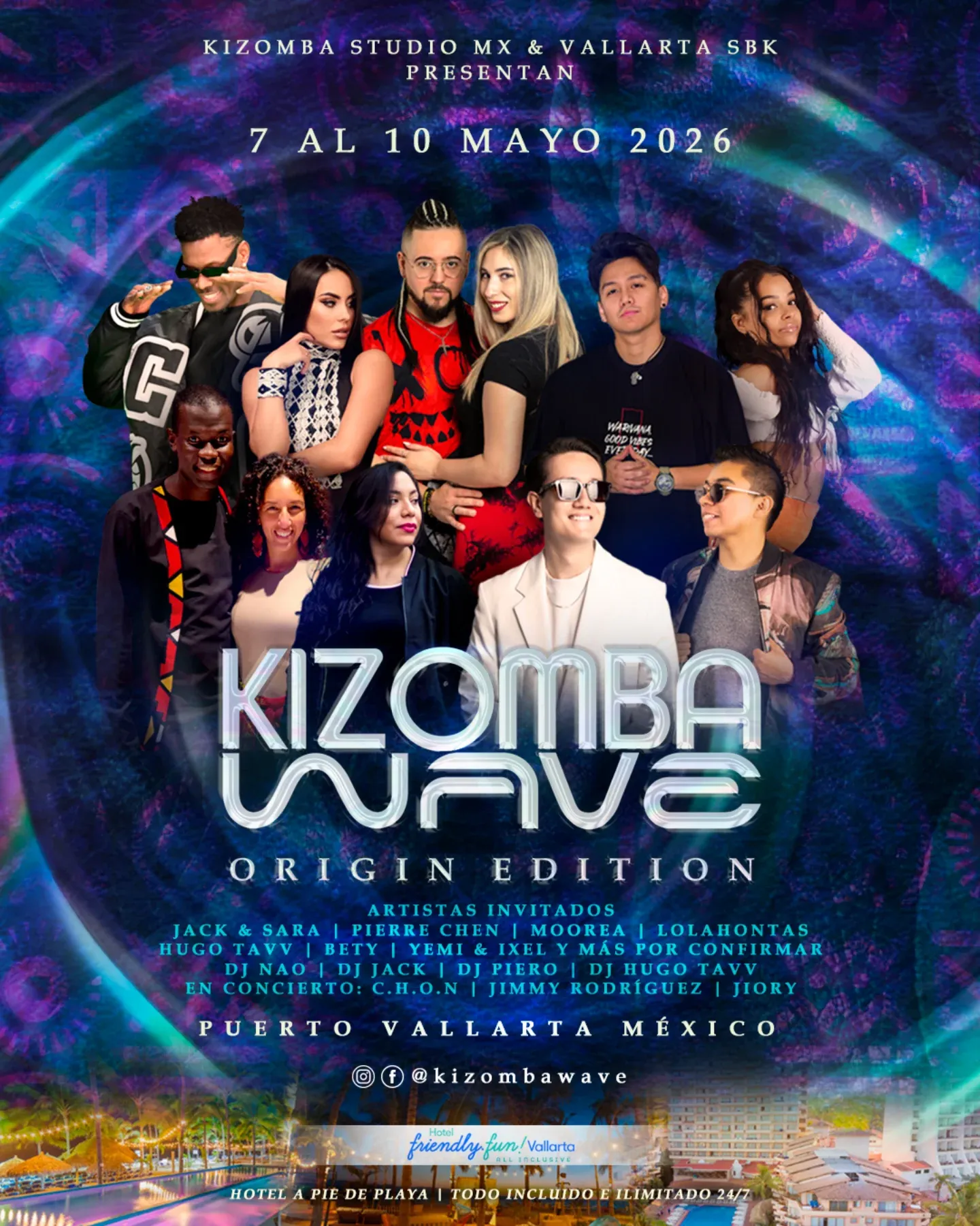 Flyer oficial Kizomba Wave Origin Edition 2026 — Festival internacional de kizomba en Puerto Vallarta, México, del 7 al 10 de mayo de 2026